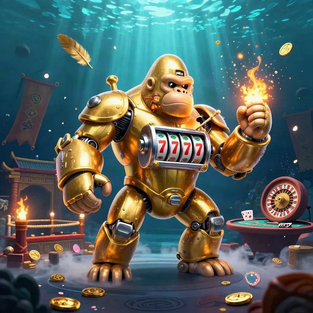 Golden gorilla mech with monkey pilot amid casino relics in icy teal-blue light