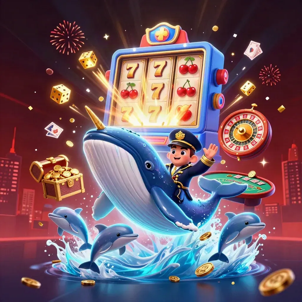 Whale captain, narwhal and dolphins burst through coins beside a glowing slot machine and treasure.