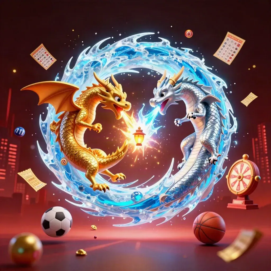 Two dragons spiral through icy casino light as balls, tickets and sports gear burst around them.