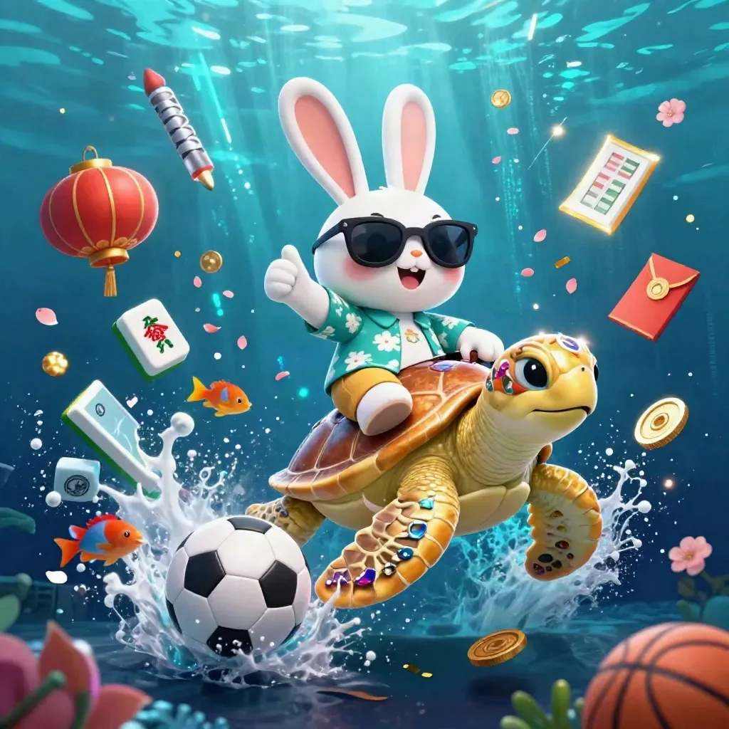 Lucky rabbit on golden turtle amid sports balls, coins, lanterns and neon underwater casino effects