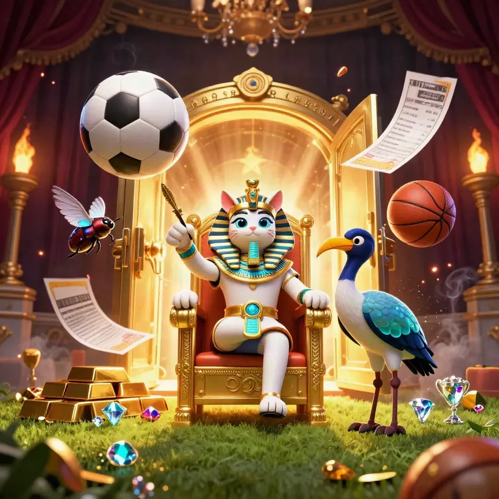 Pharaoh cat, ibis, scarabs, soccer ball and vault burst in icy casino key art.