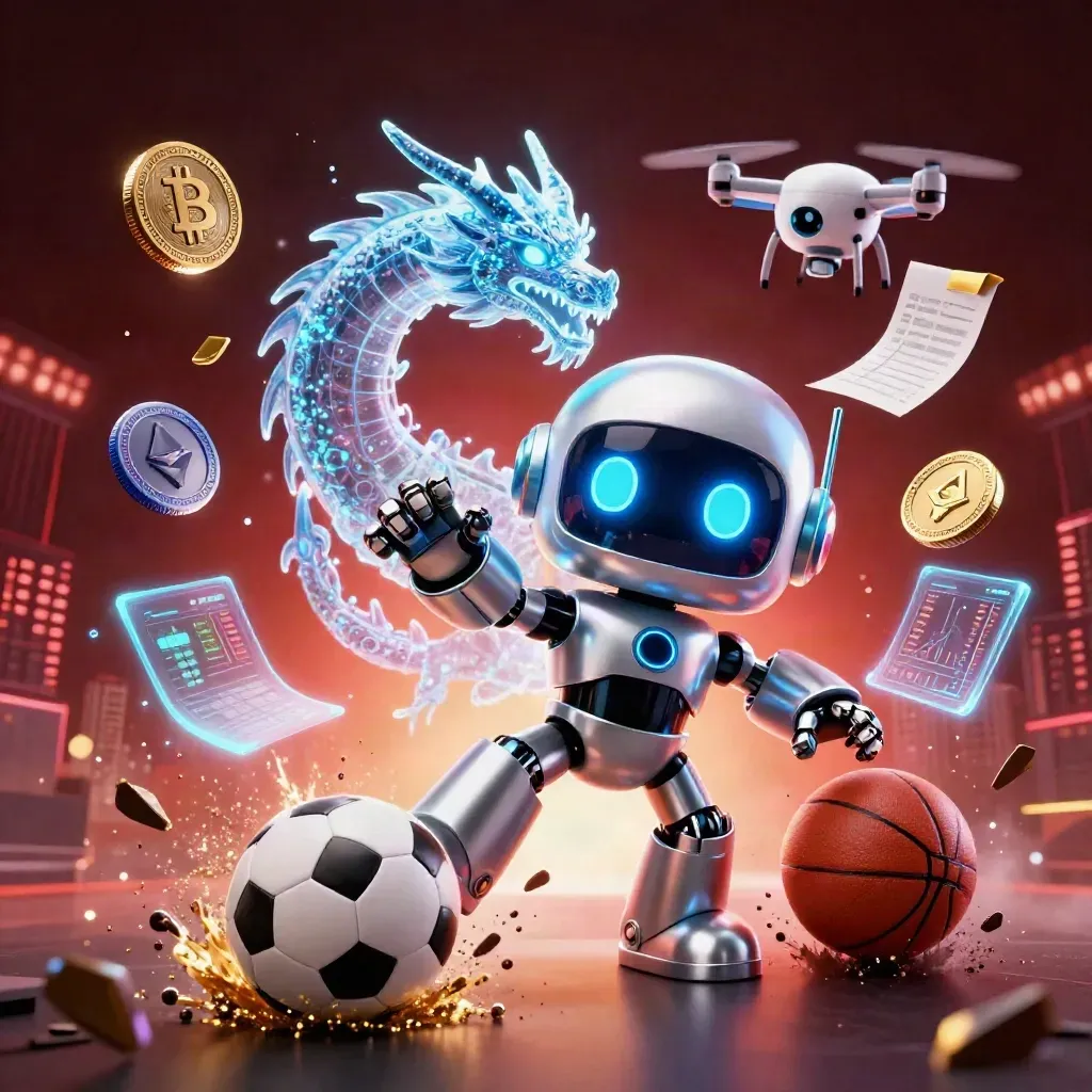 Robot mascot, holographic dragon, and drone with sports balls amid neon casino energy.