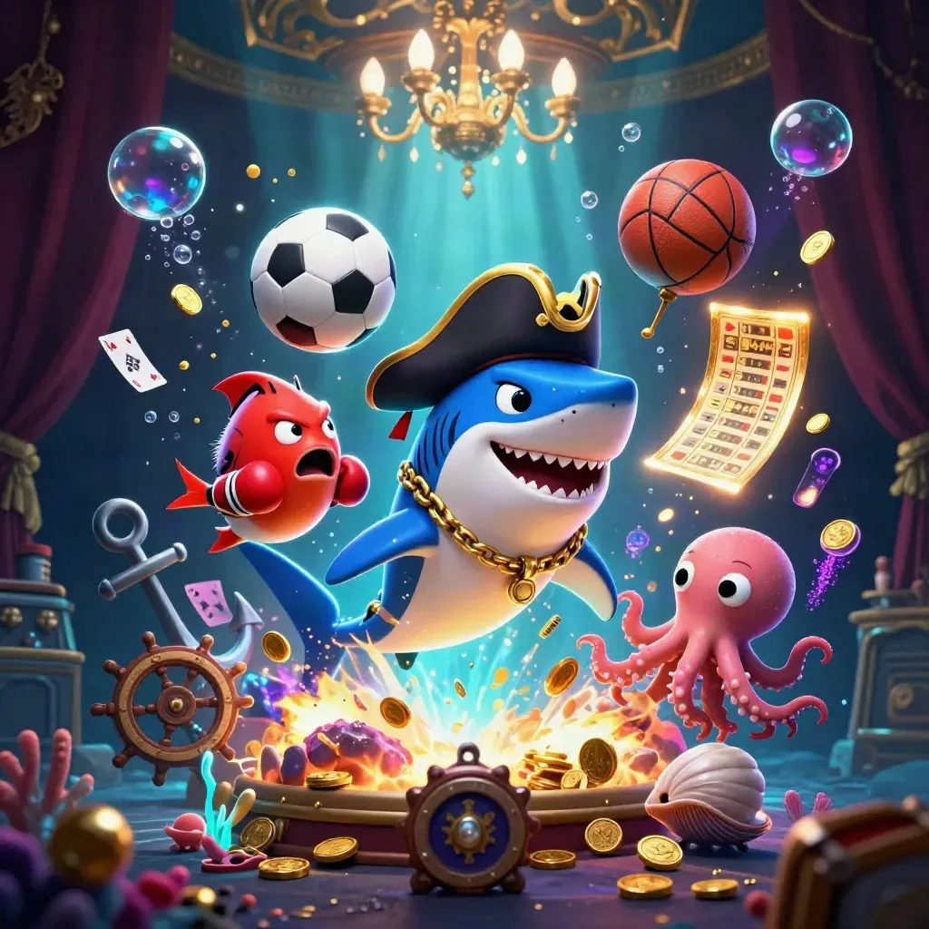 Shark pirate, boxing pufferfish, and juggling octopus in a glowing underwater casino treasure cove.