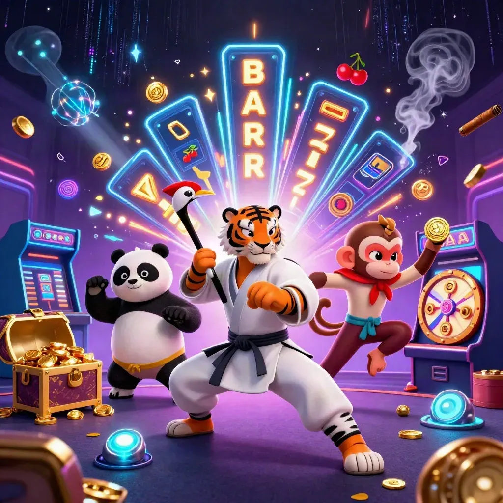 Tiger, panda, and monkey in a neon casino blast with slot rays, gold, and magical energy.