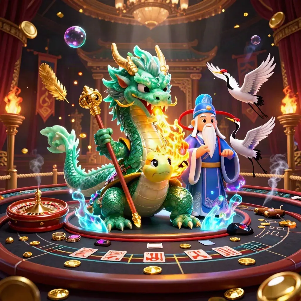 Emerald dragon, turtle sage and cranes in a gold-lit casino temple with roulette and cards.