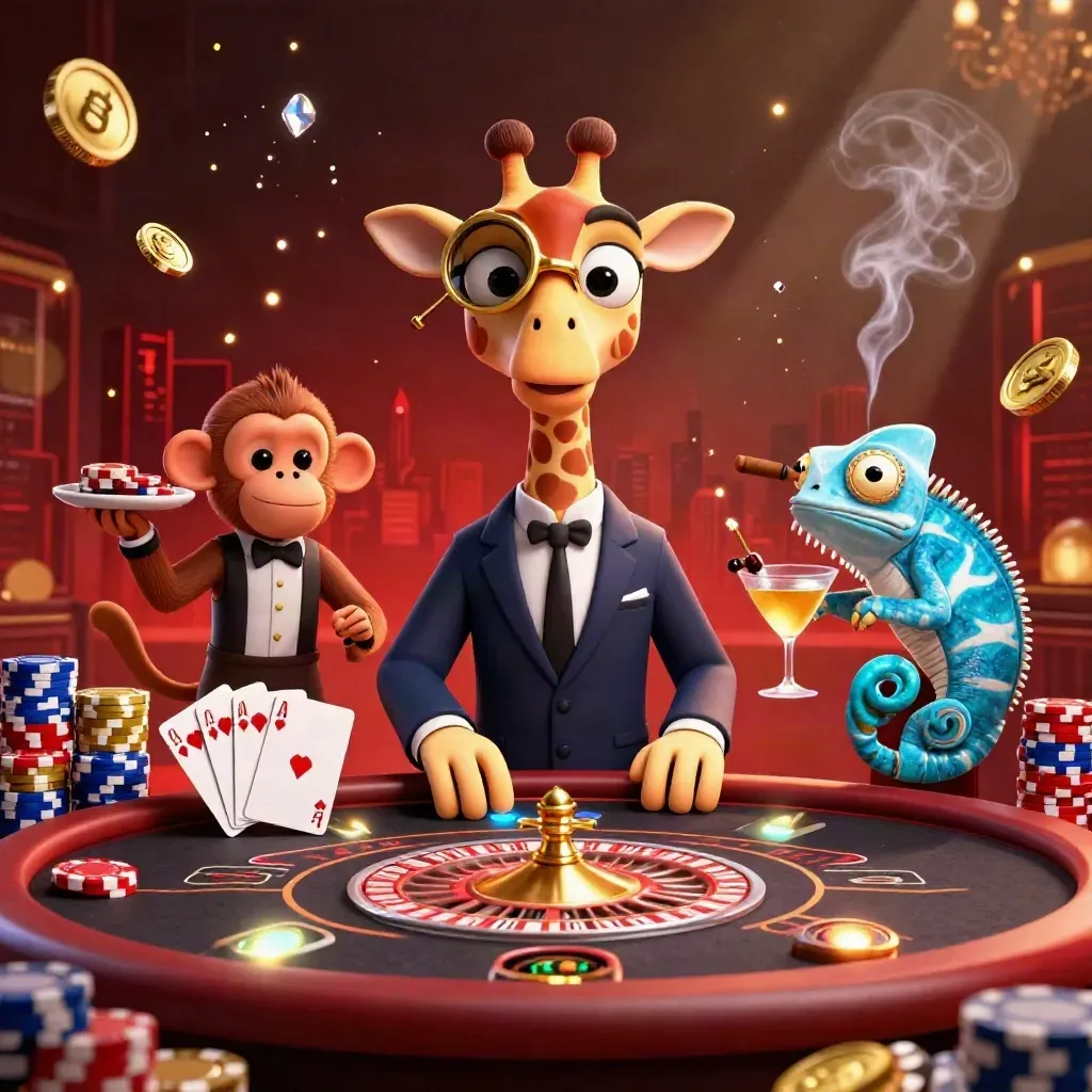 Giraffe high roller, monkey valet, and chameleon bartender amid casino gold and glowing chips