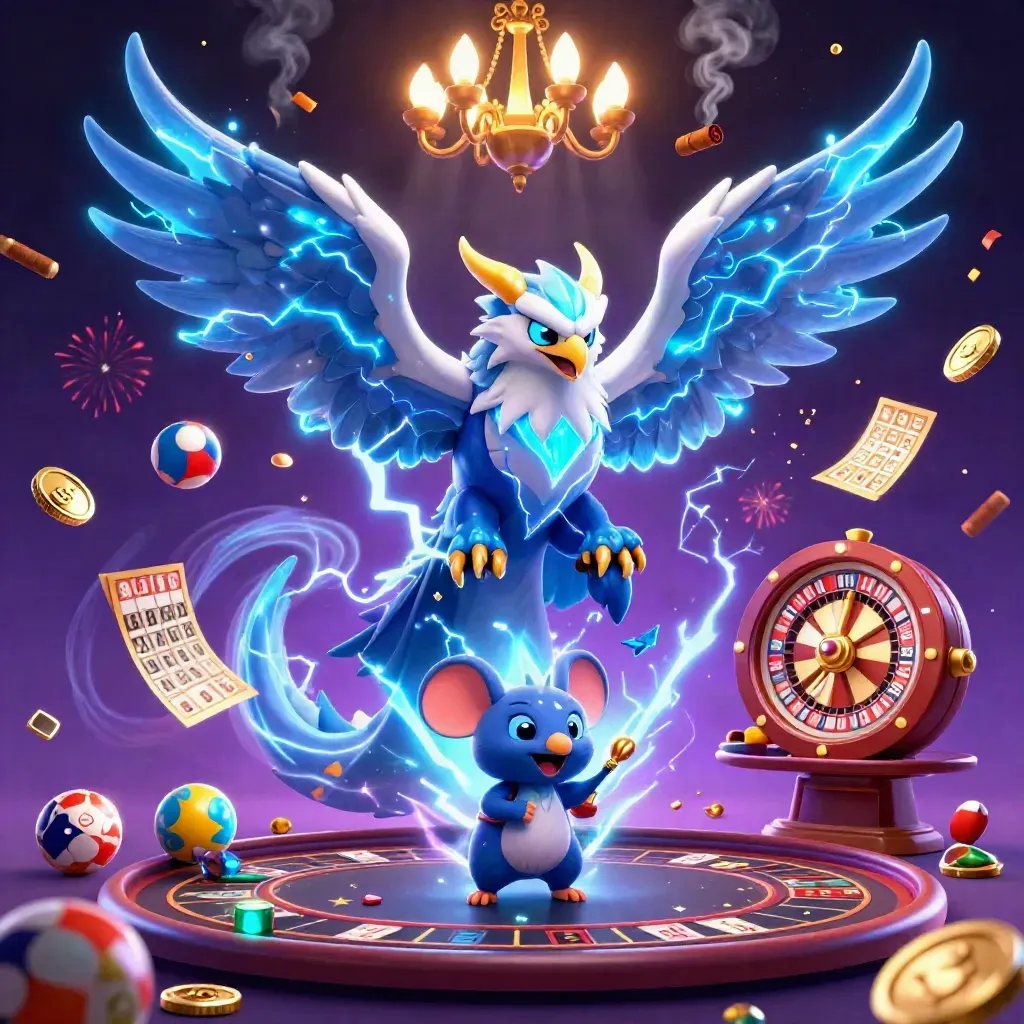 Thunder dragon, wind hawk, and static mouse amid a glowing icy casino storm of gold and lights.