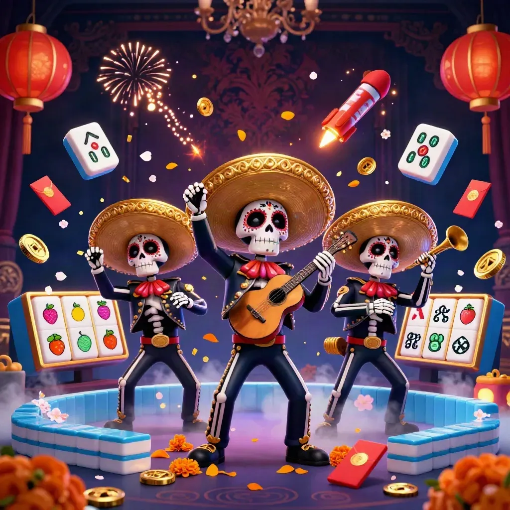 Three skeleton mariachi performers amid lanterns, coins, petals, and glowing casino relics.