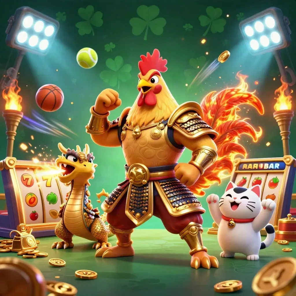 Rooster warrior, dragon hatchling and cheering fortune-cat amid casino treasure bursts.
