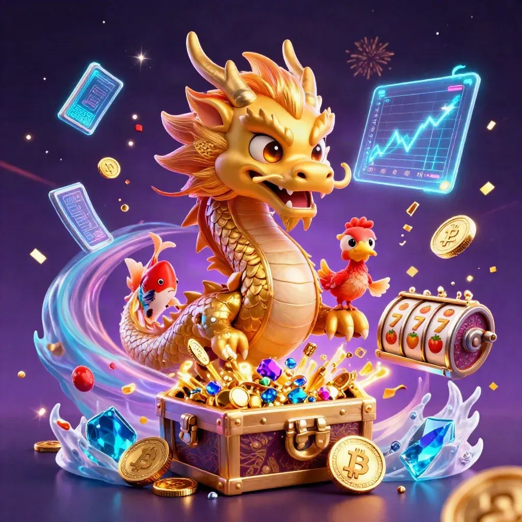 Golden dragon with phoenix and koi amid casino coins, cyan lightning, and a purple starfield.