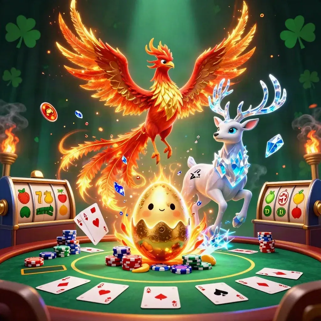Phoenix, hatchling, and stag amid casino chips, cards, and glowing magic.