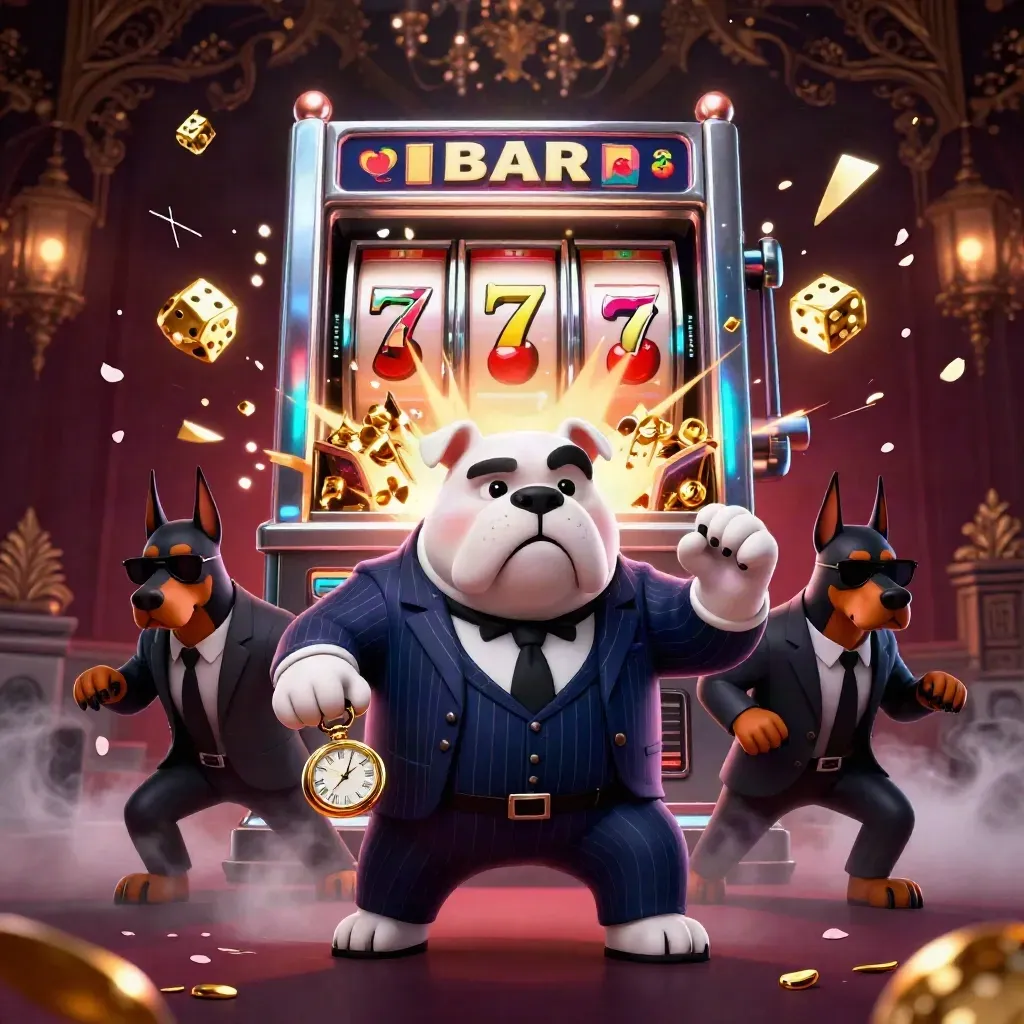 Bulldog casino boss with Dobermans amid bursting slot machine, gold, cyan light, and icy fog.