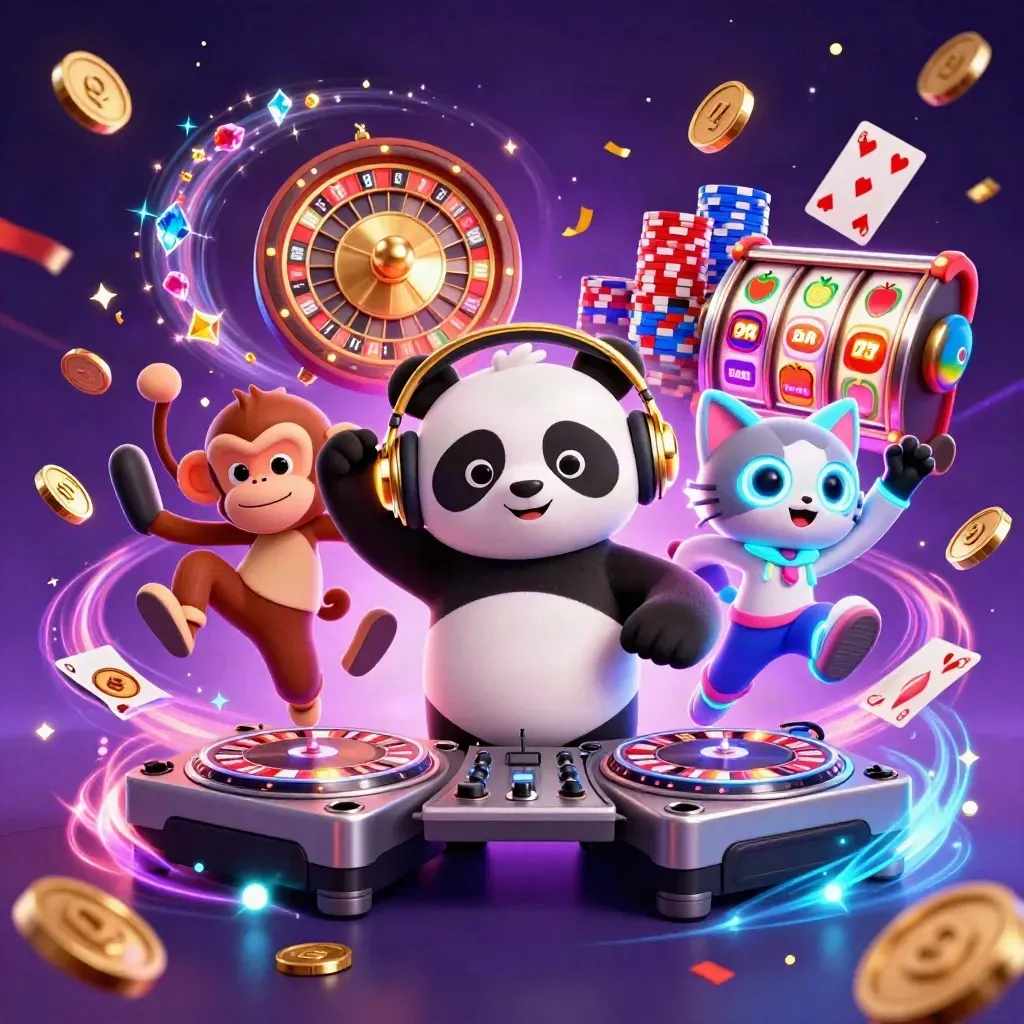 DJ panda, breakdancing monkey, and glow-stick kitten in a neon casino burst with coins, chips, and fireworks.