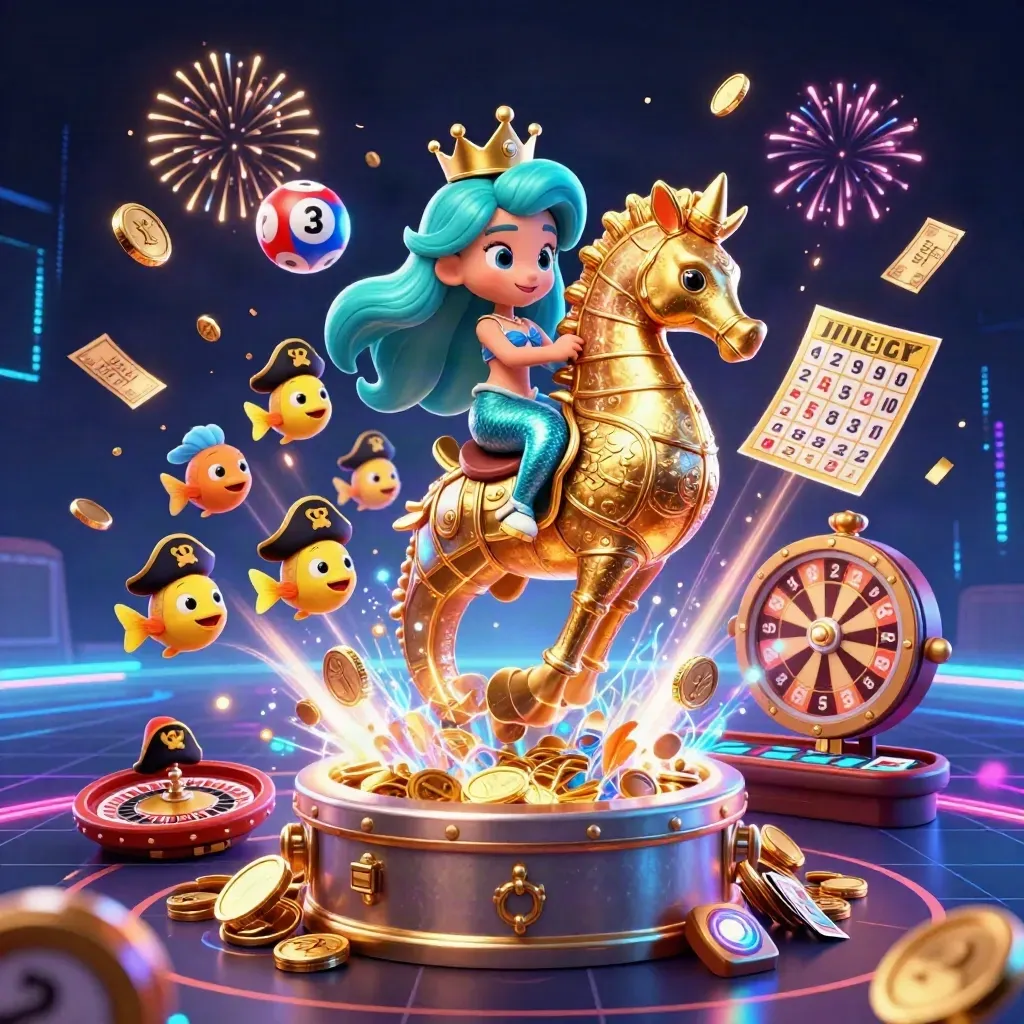 Mermaid princess, armored seahorse, pirate fish, casino prizes, neon vault burst