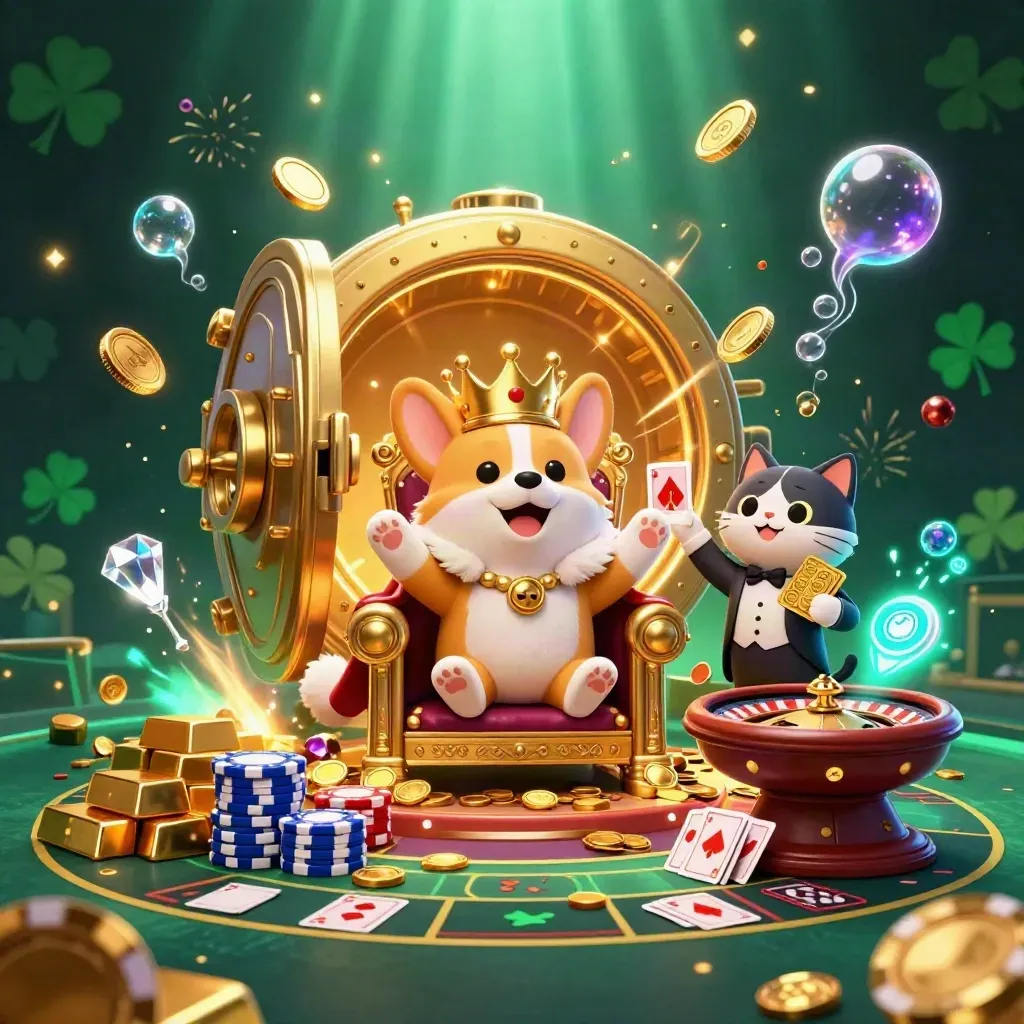 Corgi king and cat butler amid bursting vault, coins, gems, and casino lights.