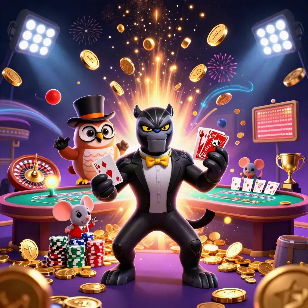 Panther, owl and mouse amid exploding coins, roulette wheel, cards and icy casino lights