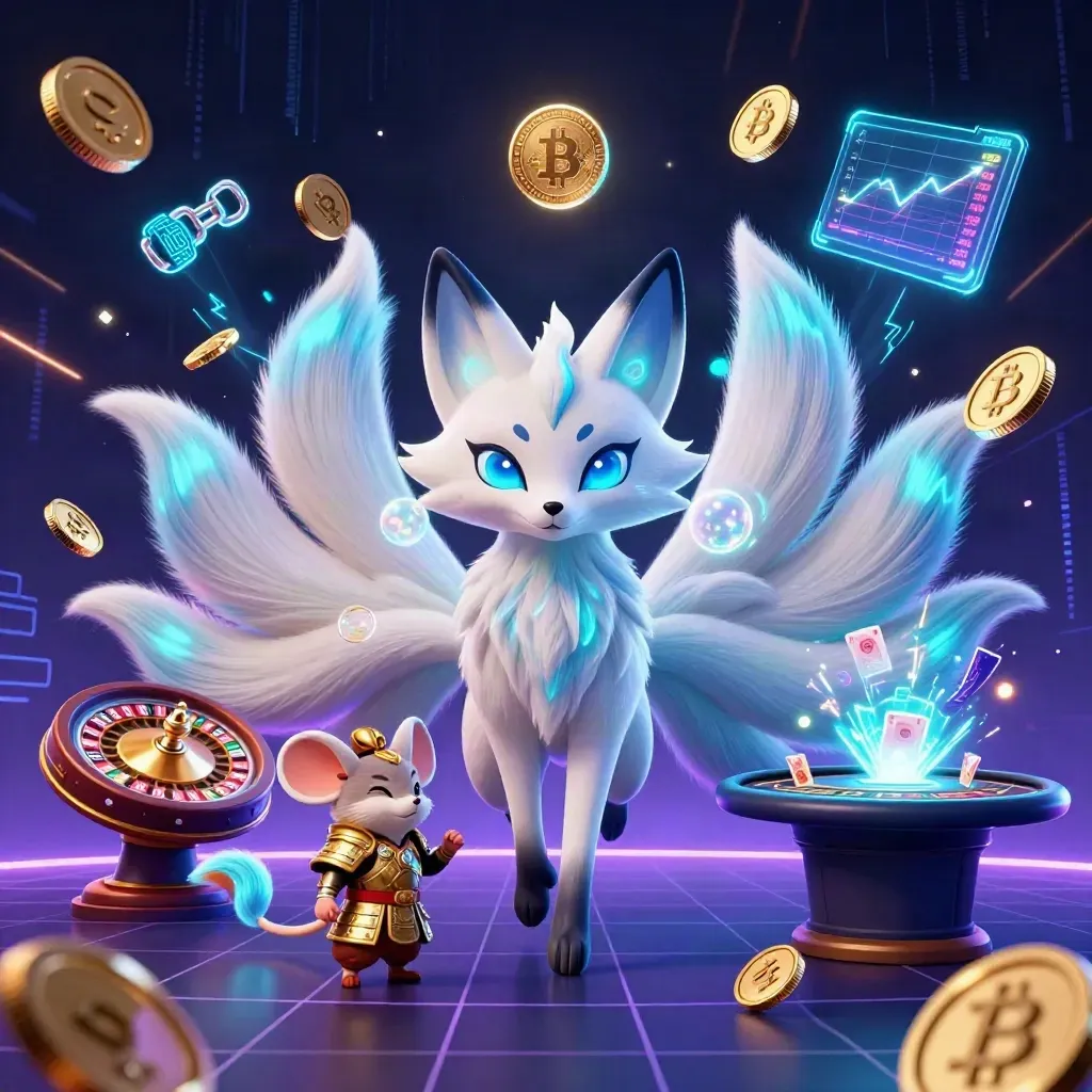 Nine-tailed fox and armored mouse amid casino coins, roulette spin, neon vault burst, icy cyber glow.