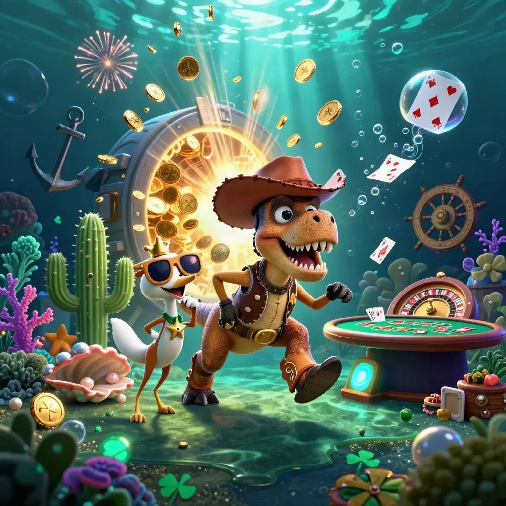 Cowboy T-Rex and friends in a treasure-burst underwater casino splash