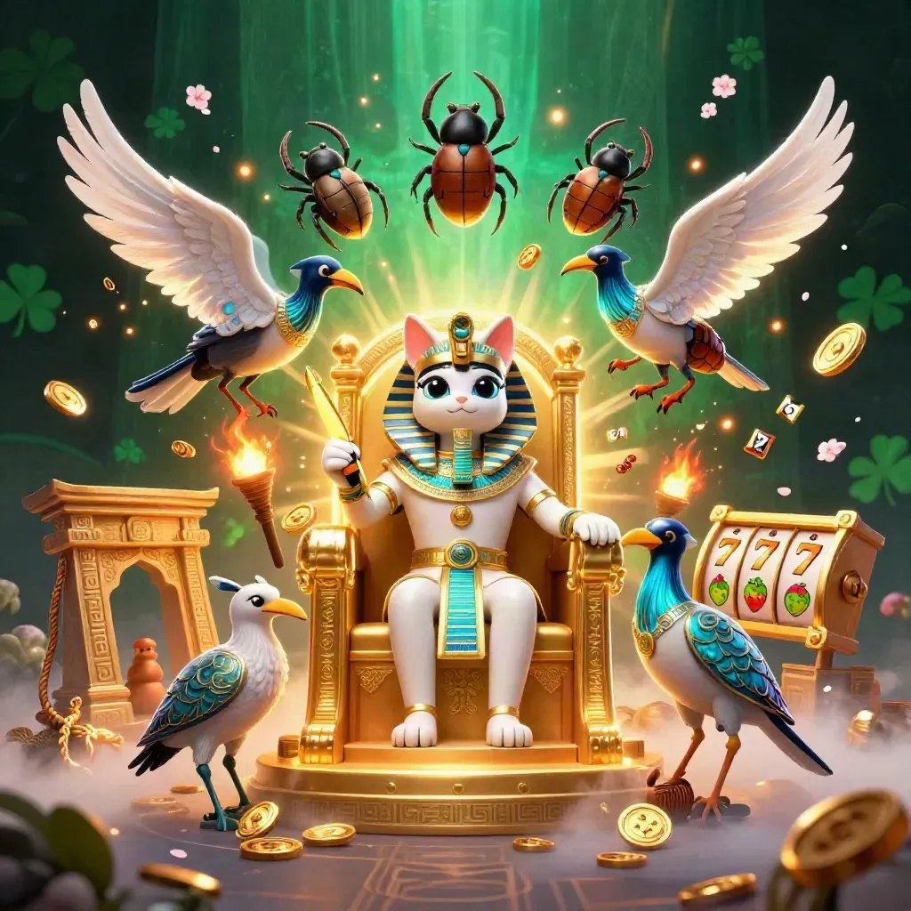 Pharaoh cat, ibis scribe, and scarabs on a glowing throne with casino symbols