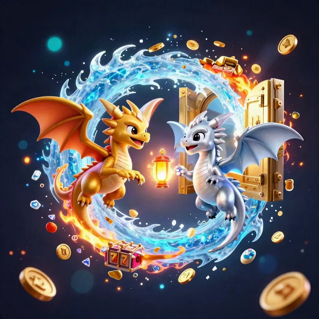 Intertwined gold and silver dragons with a glowing vault, gems, and icy casino light