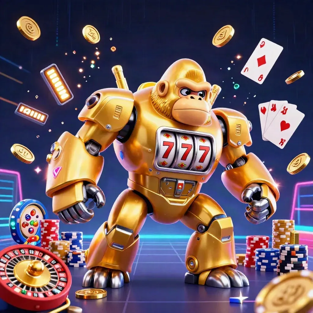 Golden gorilla mech casino hero with monkey pilot, reels, coins, cards and neon effects