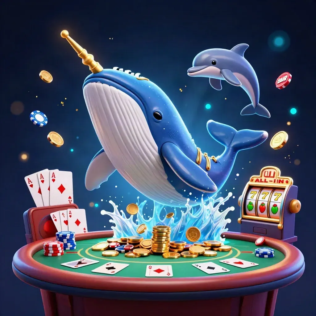 Whale captain, narwhal, and dolphins burst through coins amid chips, cards, reels, and cyan arctic glow.