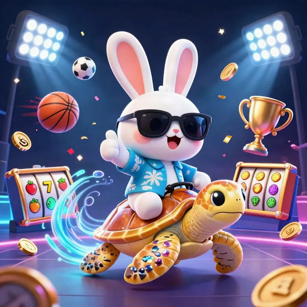 Rabbit rides a golden turtle amid casino and sports icons in icy neon light.