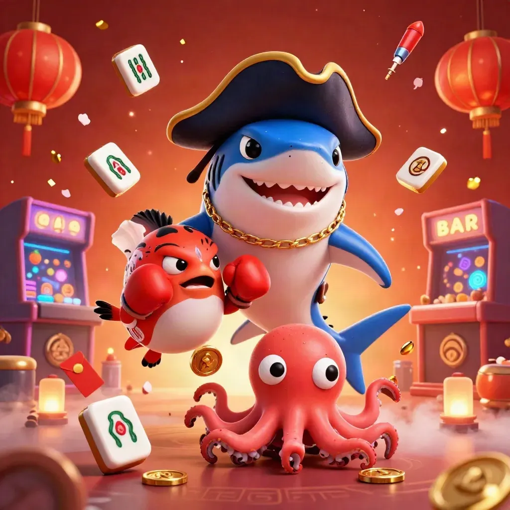 Pirate shark, boxing pufferfish, and coin-juggling octopus amid casino icons and neon glow.